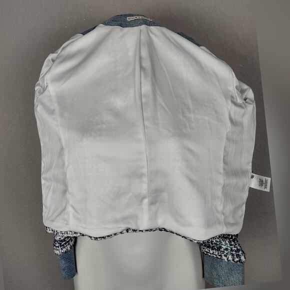 Alice + Olivia Avis Blue Tweed Denim Jean Combo Patch jacket Size Medium - Picture 15 of 16